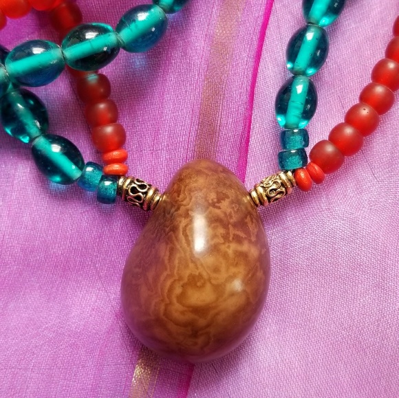 Jewelry - Relisted - Boho Nut Bead necklace teal orange statement